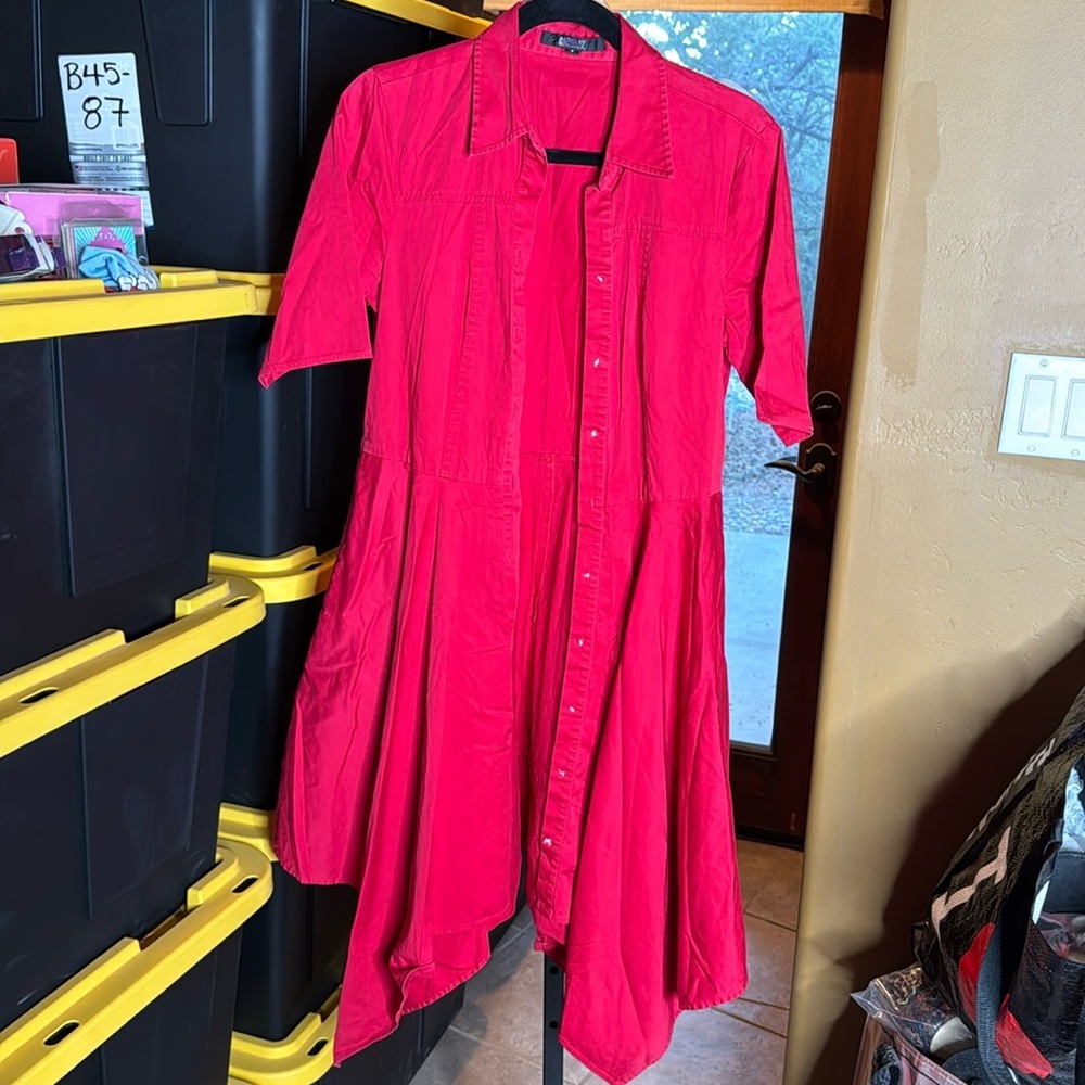 Badgley Mischka Red Asymmetrical Handkerchief Hem Shirt Dress Size 8 *PROJECT* - Picture 5 of 10